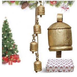 Rustic Tin Metal Cow Bells on Rope Wooden Clapper Christmas Decoration NEW!!
